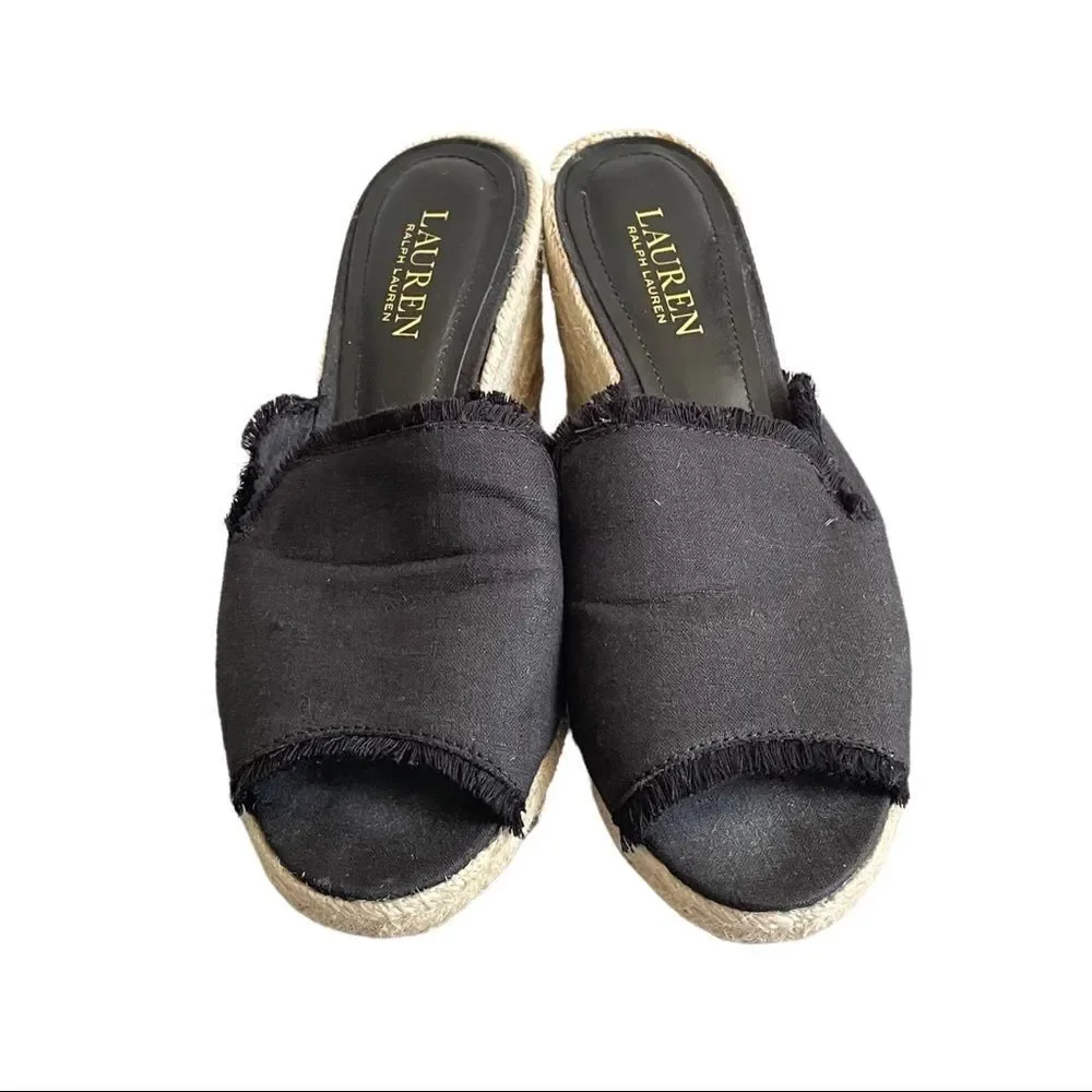 LAUREN RALPH LAUREN Black Linen Carlynda Wedge Espadrilles Sandals 8.5